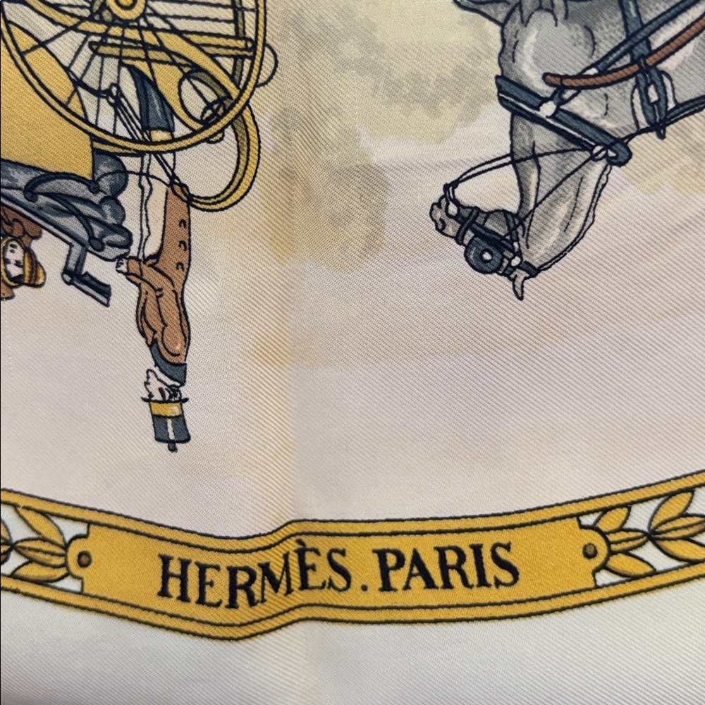 Hermes La Promenade de Longchamps Silk Scarf — Cream, Gold & Blue Accents - Picture 2 of 4
